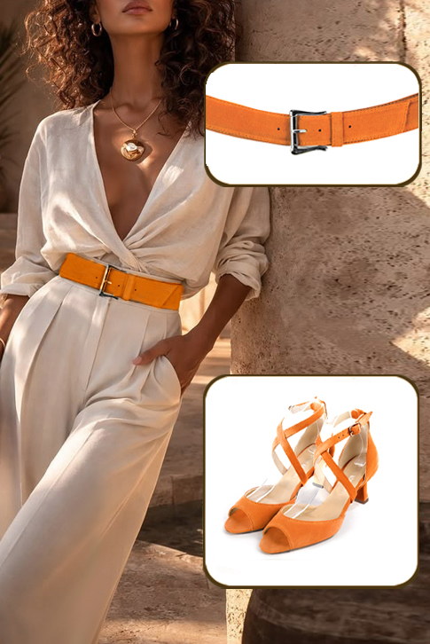 Women's apricot orange elegant sandals closed at the back with crossed straps. Square toe. Medium spool heels - Worn view
